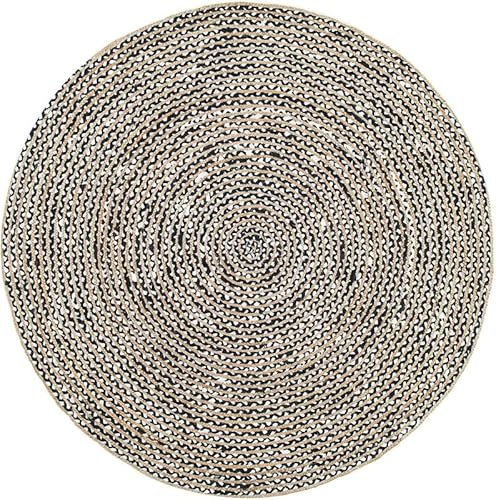 DNR Teppich aus indischer Naturfaser, Jute, Baumwolle, Schwarz/Weiß, 210 x 210 cm, runder Bereich, Teppich, Bambusmatte