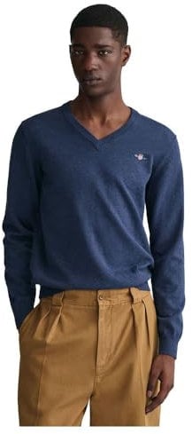 GANT Men's Classic Cotton V-Neck Sweater, Dark Denim Blue Melange, M