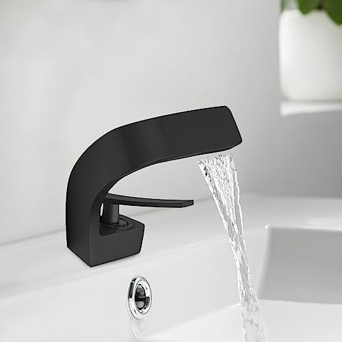 Grifo de baño con cascada de diseño moderno, elegante para lavabo de cobre, grifo de baño, 0-80 ℃ (negro)