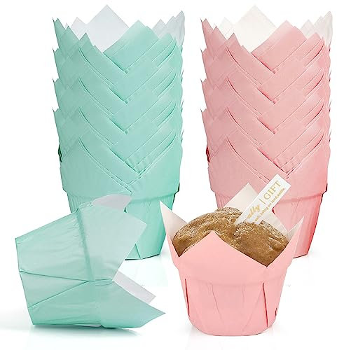 Muffinform Papier, 100 Stück Mini Muffins Papierförmchen Tulpen Muffinförmchen Papier Grün und Rot Einweg Fettdicht Cupcake Förmchen Backbecher für Hochzeit Geburtstag Party