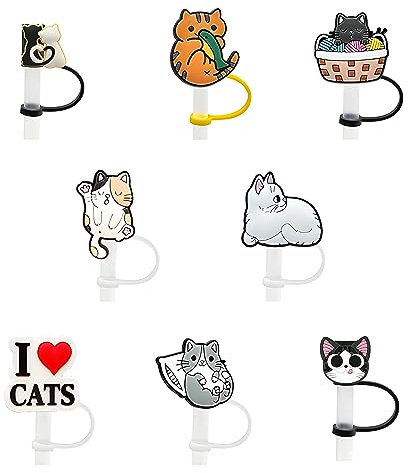 8Pcs Cute Cat Straw Covers, Reusable Silicone Straw Covers, Cute Drinking Straw Tips Lids for 7-8 mm Straws, Cup Straw Accessories
