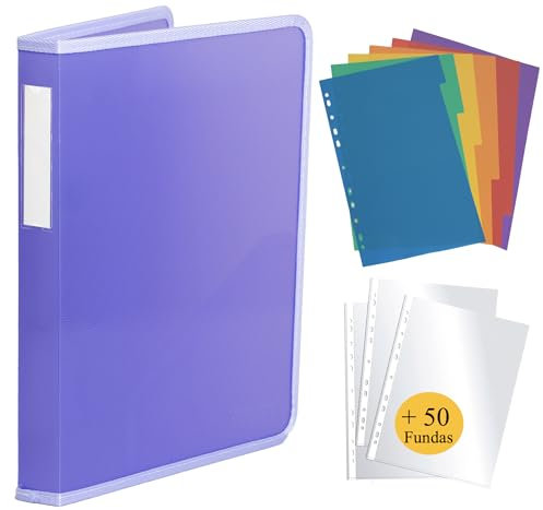 Archivador 4 anillas plastico incluye 50 fundas de plastico a4 y 10 separadores. Carpeta archivadora liviana y resistente. Archivador de tapa semirrígida. Carpeta para fundas y folios (Lila)