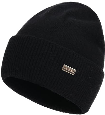 jaxmonoy Wollstrickmütze, Wintermützen für Damen und Herren, weiches Kaschmir, warm, doppellagig, Damen, Totenkopf-Mütze, Schwarz, M