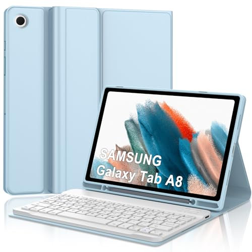 IVEOPPE Funda con Teclado Español Ñ Bluetooth Desmontable para Samsung Galaxy Tab A8 10.5 2021/2022 (SM-X200/X205/X207), Azul Cielo