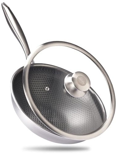REISHUNGER Wok de qualité supérieure en acier inoxydable | 28 cm de diamètre | avec couvercle en verre | pour tous les types de feux, compatible avec induction | structure en nid d'abeille avec