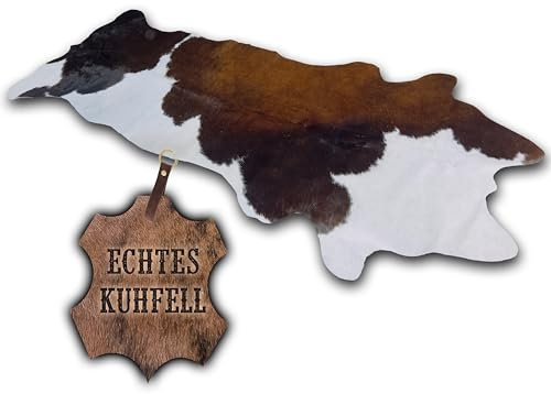 unendlich schoen – Echter Kuhfell Teppich klein, Läufer für Wohnzimmer Flur Eingangsbereich, Rinderfell für kleinere Flächen (weiß Tricolor, 120x55cm)