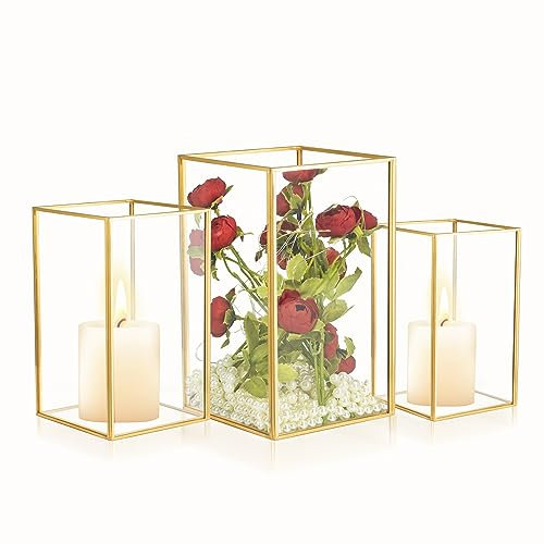 Hurricane - Juego de 3 portavelas de cristal, portavelas grandes para velas de pilar, linternas rectangulares doradas decorativas para centro de mesa, candelabro de vidrio transparente para bodas,