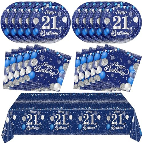 21st Birthday Decorations for Him Blue Silver Happy 21st Birthday Decorations for Boys Men Includes Happy 21th Birthday Napkins Tablecloth Plates for 21 Years Old Bday Party Supplies Anniversary Decor