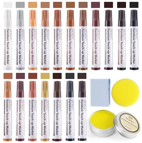DEWEL 18 Colores Reparador Madera, Kit de Marcadores de ReparacióN de Madera Para Muebles, con Cera Pulidora de Madera, Adecuado para Reparar Muebles de Madera, Suelos de Madera y Paneles de Puertas