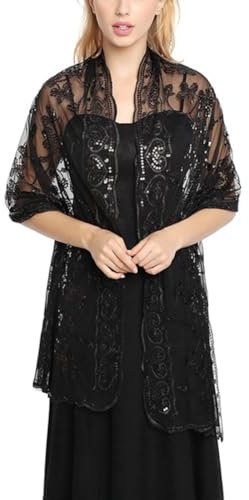 Tidecc Pailletten-Schal, Pashmina-Schal, Überzug, Hochzeit, Braut, Brautjungfern, Kleider, Wickeltuch, Pailletten-Schal, Schwarz , One size