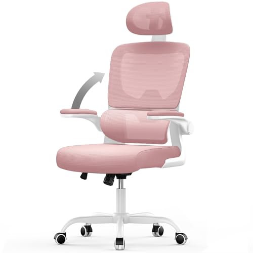 rattantree Office Desk Ergonomic Chairs, Computer Chair with Adjustable Headrest and Lumbar Support, Swivel Mesh Chairs with Flip-up Armrests, High Back Work/Study PC Chair-Pink