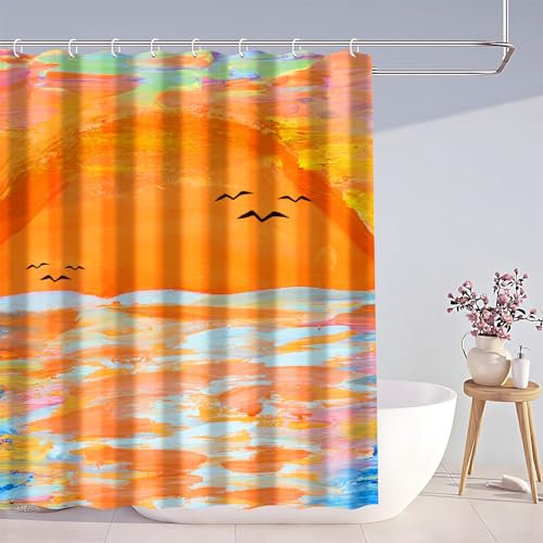 Aitsite Duschvorhang Duschvorhänge Anti-Schimmel Duschvorhang für Badewanne Textil-Vorhang Badezimmer Sonnenaufgang Waschbar Wasserabweisend mit 12 Duschvorhangringen (180 * 180 cm)