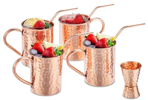 Cocktail Drinkware Bundle - Classic Pure Copper Set of 04 Cylinder Mugs with 04 EcoSip Reusable Solid Copper Straws (8-inch Long) and 01 Elite Precision Jigger.