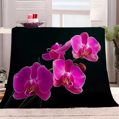 Botanische Rosa Orchidee Fleecedecke 130x150cm XL Kuscheldecke Flauschig Weiche Flanell Decke als Sofadecke Tagesdecke, Schwarz Geschenk Kuscheldecke für Mädchen Jungen