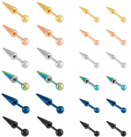 UNICRAFTALE 12 Paar 6 Farben Edelstahl Kegel Ohrstecker Unisex Schwarze Piercing Schraube Spike Ohrringe Regenbogen Farbe Piercing Ohrstecker Plug Ohrringe Schmuck Für Rock Punk Männer Frauen