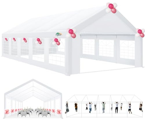 COBIZI Tonnelle 5 x 10 m, étanche et Stable, avec bâche en polyéthylène avec piquets et Cordes, Tente de Jardin en métal, Protection UV 50+, Tente de Mariage, Tente de réception, Tente Blanche