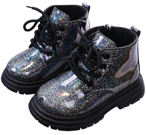 Maeau Bottines Enfant Fille Garçon Bottes à Lacets Botte Paillettes Courtes Bottes Cheville Brillantes Imperméable Bottes Plates Vernis Noir 25 Chaussures Antidérapant Clignotante Fermeture Éclair