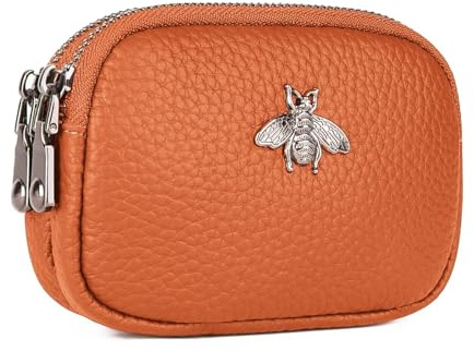 MAVHVAM Ladies Genuine Leather Small Purse for Women Mini Coin Wallets Pouch Campact Credit Card Holder with Double Zip (Orange)