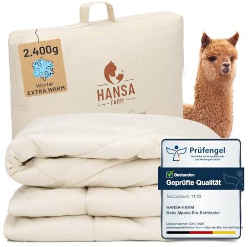 HANSA-FARM | Baby Alpaka Bio-Bettdecke 155 x 220 cm (Füllung 2.400g) - Winter extra warm - atmungsaktiv und temperaturausgleichend - Große Aufbewahrungstasche