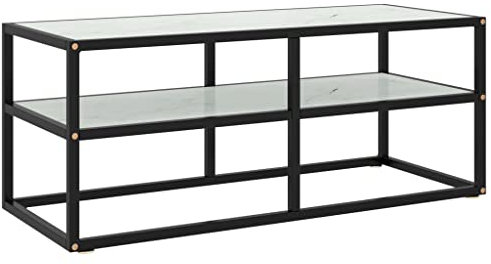 Meuble TV Noir avec Verre marbre Blanc 100x40x40 cm,Meuble TV Moderne en Verre trempé avec étagère de Rangement Noir et Blanc Meubles TV
