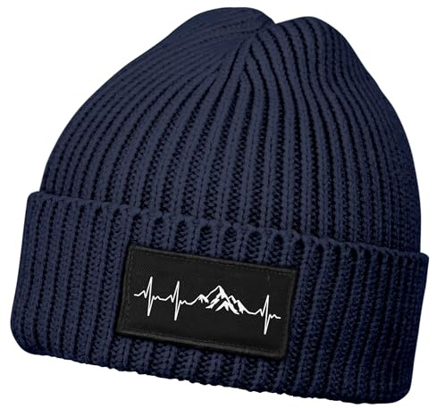 Neverless® Herren Beanie Wintermütze Patch Aufdruck Herzschlag Berge Wanderfreunde Print Strickmütze Rippstrick