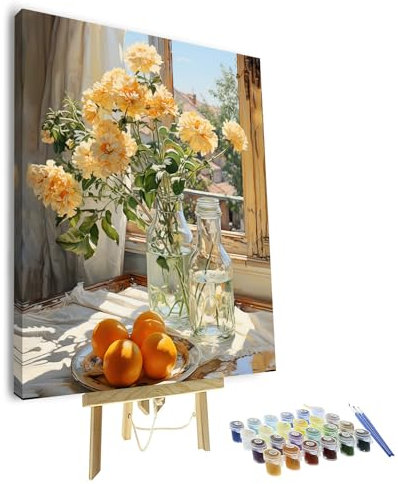 Malen nach Zahlen Kit für Erwachsene Vase Fenster Landschaft DIY Malen nach Zahlen für Erwachsene Wasserfarben Acrylmalerei Kit Set für Geschenk Haus Dekor Erwachsene Handwerk (Gerahmt, 40x50cm）