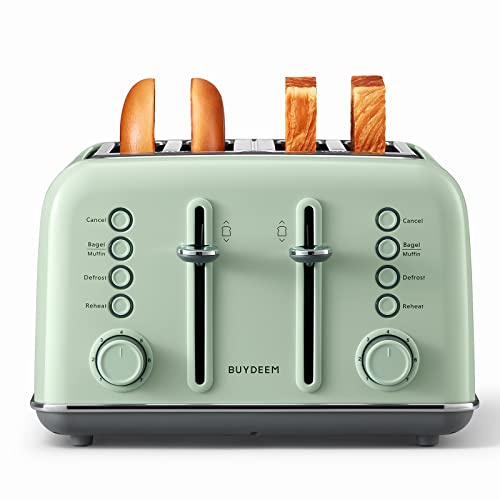 BUYDEEM 4-Slice Retro Toaster, Extra Wide Slots, Stainless Steel with High Lift Lever, Bagel and Muffin Function, Removal Crumb Tray, 7 Toast Shade Settings - Cozy Greenish