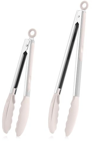 TEAMFAR Küchenzange, 2 Stück Edelstahl Grillzange Nudelzange Set, Hitzebeständig Kochzange mit Antihaft Silikonspitze, 30,3cm & 23,7cm Fleischzange zum Kochen & Grillen, Spülmaschinenfest - Khaki
