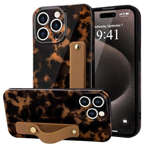 LAPOPNUT for iPhone 14 Pro Case Strap Leopard Tortoise Print, Brown | Cheetah Amber Pattern Phone Cover, Adjustable Finger Wrist Stand Holer, Cute for Women Girls Men,TPU Bumper Shell, Protecion