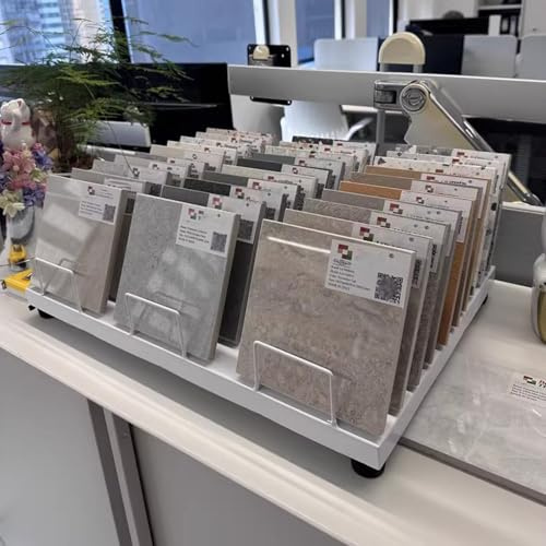 Tile Sample Display Rack for Trade Show, Multi-Layer Glass Templates Holder, Large Capacity Metal Sample Stand for Ceramic Tiles/Wood Bricks(White,30 Card Slots)