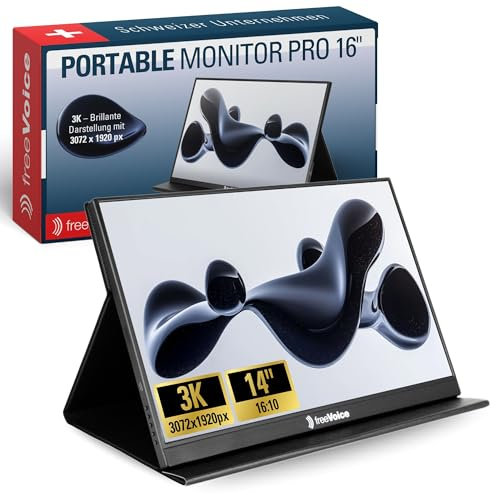 freeVoice Portable Monitor Pro 16 Zoll I Portabler Bildschirm mit Abnehmbarer Hülle I Tragbarer Monitor 3072x1920px bei 60Hz I Leichter Laptop-Bildschirm mit eingebautem HUB für Peripherie