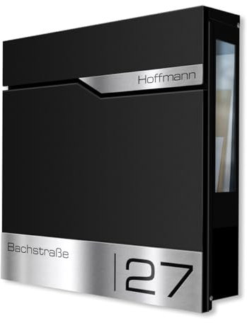 Metzler Briefkasten Schwarz mit Sichtfenster und Zeitungsfach – Wandbriefkasten mit Namensschild aus Edelstahl personalisiert mit Laser Gravur – Postkasten wasserdicht mit Fenster | Siebert SF