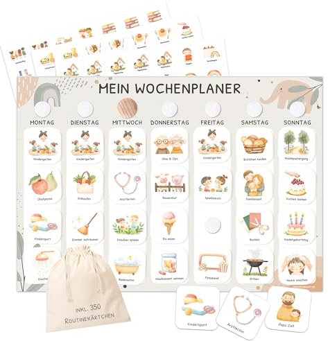 JEKA Wochenplaner Kinder mit Klettpunkten, Montessori Tagesplan mit 350 Routinekarten – visueller Routineplaner für Kinder (Elefant)