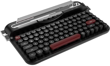 AJAZZ AF84 Wireless Typewriter Keyboard, Cute Retro Aesthetic Design with Integrated Stand for Tablet, Phone, Mixed color Retro Round Keycaps, 2.4Ghz Wireless/Bluetooth for Table,/PC/Win/Mac (Black)
