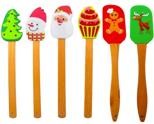 6pcs Christmas Silicone Spatulas with Wooden Handles - Christmas Theme Pattern Spatulas, Kitchen Tools for Baking, Cake Decorating, Pancake & Pan Scrapin
