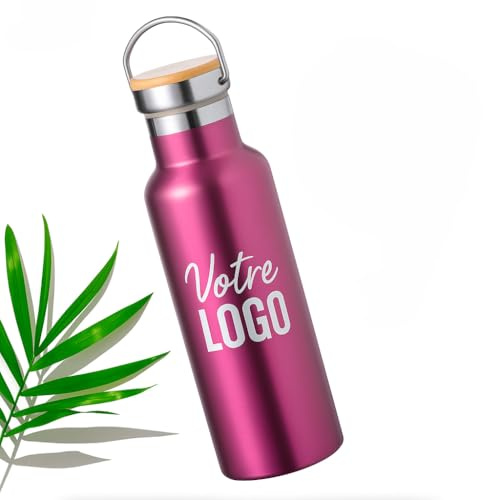 mabouteille.fr Gourde personnalisable Gravure Laser - Gourde isotherme 500ml Double Paroi avec Bouchon Bambou [Bouteille isotherme 500ml] (Rose)