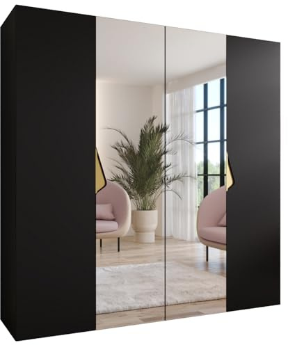 MEBLE KRYSPOL - Kleiderschrank - Garderobenschrank - 200 cm x 202 x 52 cm - Schrank mit Kleiderstange und Spiegel, 4 Türen - für Schlafzimmer, Flur - SANDI, Schwarz, Griff Gold