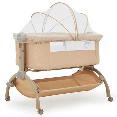 GarveeTech Beistellbett Baby höhenverstellbar mit Matratze, Mesh-Seiten, Wiegefunktion, Rollen mit Bremse, Moskitonetz, Ablagekorb und Tragetasche, für Neugeborene 0–6 Monate