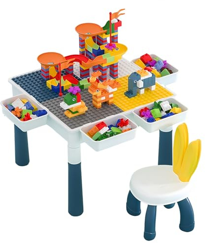 Sinbide Ensemble de Table Multi-activités pour Enfants avec Chaise pour Bébé, Hauteur Réglable, Plateau Double Face, Table de Jeu et d'Études, avec 300 Blocs de Construction