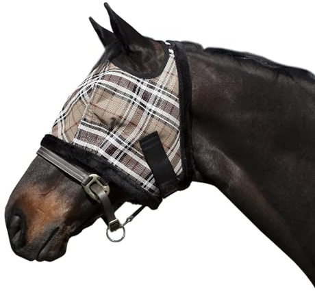 Kensington Fly Mask with Fleece Trim for Horses — Protects Face and Eyes From Flies and UV Rays While Allowing Full Visibility — Breathable and Non Heat Transferring Makes it Perfect Year Round, Large, Deluxe Black Plaid