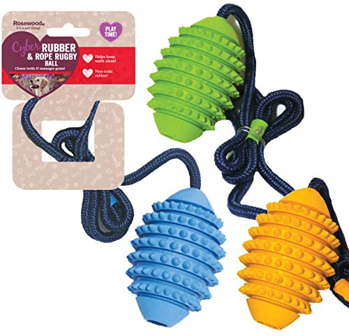 Rosewood Cyber Rubber and Rope Rugby Ball for Dogs - Tough, Interactive Dog Toy for Chewing, Fetch and Play - Non-Toxic Rubber - Supports Dental Health - Assorted Colours (1pc)