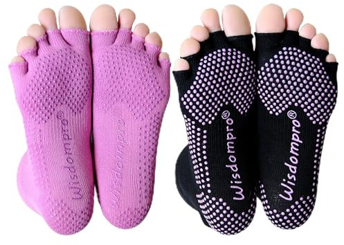 Wisdompro 2 Paar zehenlose Yoga-Socken für Frauen, rutschfeste Skid Grips-Socken für Pilates, Barre, Ballett (BG/SM)