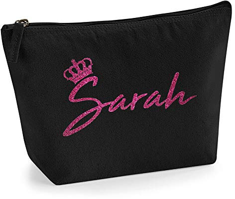 Personalisiert Name Initialen & Königin Krone Kosmetiktasche Damen Schminktasche für Handtasche Makeup Tasche - Glitter oder Flocke Material Druck - Rosa Glitzer - L - Schwarz
