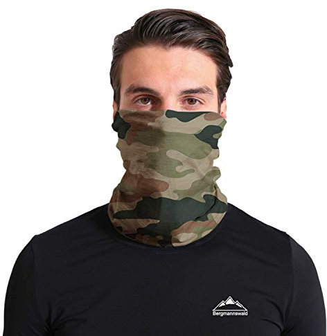 Bergmannswald® umgenähtes Multifunktionstuch - atmungsaktiv und flexibel - Ideal zum Sport, Reisen oder Motorradfahren (Militär Tarnung Grün, 1er Pack)