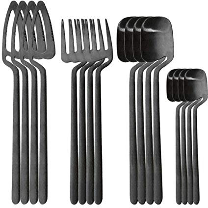 XMYNB Ensemble de Couverts 16Pcs / Set Coutellerie Noir Mat 304 Couteau De Vaisselle en Acier Inoxydable, Fourchette, Cuillère Dîner Ensemble De Couverts De Cuisine,Noir