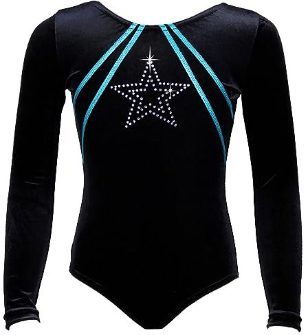 GymStern Turnanzug GymStar Langarm Nicki Samt & Strasssteine Mädchen Gymnastikanzug Samtbody Kinder Turntrikot, Größe:152, Farbe:Samt in Schwarz mit Türkis