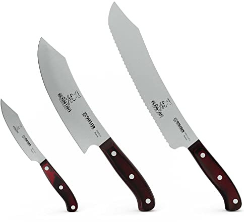 Giesser seit 1776 - Made in Germany - PremiumCut, Rocking Chef, Messerset 3 teilig, Kochmesser 20 cm, Brotmesser 25 cm, Officemesser 10 cm, Micarta, rot, rostfrei, Grillmesserset