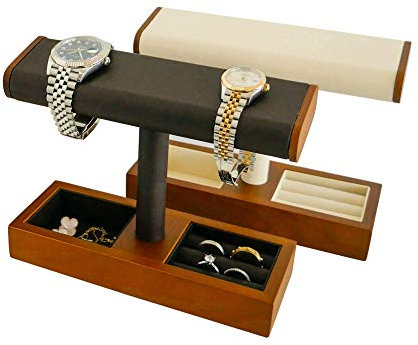 Rhoji Uhrenständer aus Eschenholz mit Schmucktablett mit Leder und Mikrofaser, Uhrenarmband, Ring, Schmuck, Zubehör, Präsentationsständer, Braun (Leder)