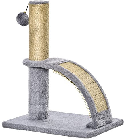 PawHut Arbre à Chat Arbre à Grimper griffoir pour Chat Balle Suspendue Hauteur 43 cm avec Poteau Jute à griffer Gris
