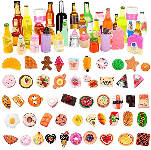 40 Stücke Mini-Lebensmittelspielzeug für Kinder, 30 Stücke Essen und 10 Stücke Trinkflaschen in einem zufälligen niedlichen Puppenhaus-DIY-Lebensmittelspiel, Küchenspielzeug Set Geburtstagsgeschenk